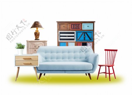 卡通蓝色沙发椅子客厅一角png元素