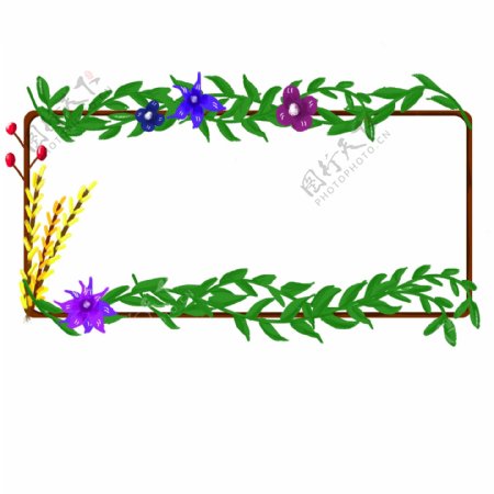 手绘绿色花环清新叶子植物长方形花环框