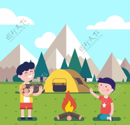 手绘两个少年在帐篷外烧火插画