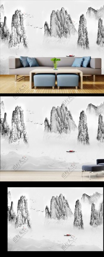 新中式水墨山水国画背景墙