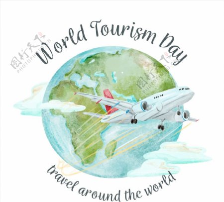 水彩绘世界旅游日地球和飞机