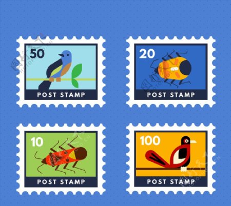 4款创意鸟和昆虫邮票矢量素材