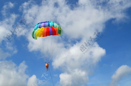 蓝天白云里飞翔的跳伞运动