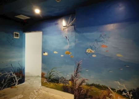 主题酒店手绘墙装饰画手绘海底世