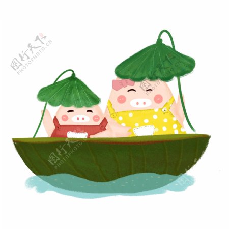 卡通手绘坐在西瓜船里的两只猪可商用元素