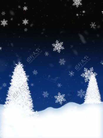 纯原创手绘雪地深夜下雪圣诞树背景