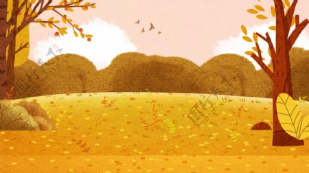秋季郊外树林远山插画背景