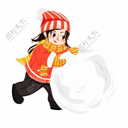 手绘滚雪球的女孩冬季人物设计可商用元素