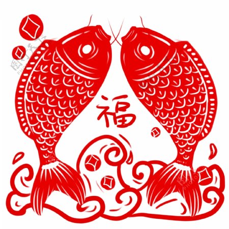剪纸鲤鱼中国风古风红色双鱼