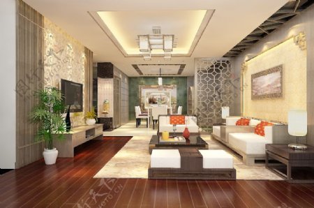 现代风格中式客厅效果图明亮温馨空间