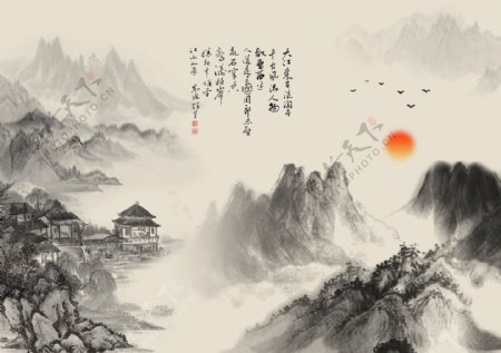 中式国画水墨山水风景酒店三联装饰画