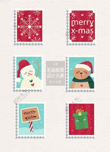 红色卡通圣诞邮票设计元素