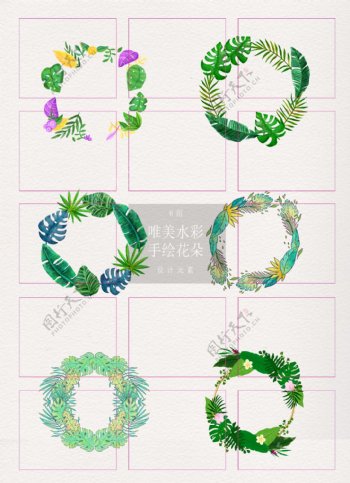 圆形热带植物装饰边框手绘设计