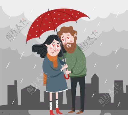 创意雨中撑伞的情侣