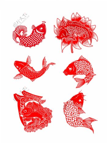 中国风创意鲤鱼窗花剪纸装饰图案套图合集