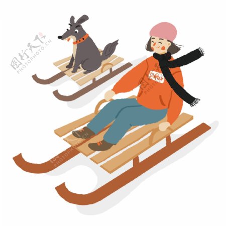 手绘卡通女孩和狗狗做滑雪橇原创元素