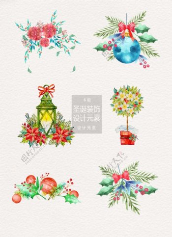 圣诞水彩植物装饰设计元素