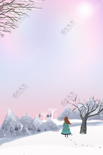 滑雪清新冬季卡通手绘广告背景
