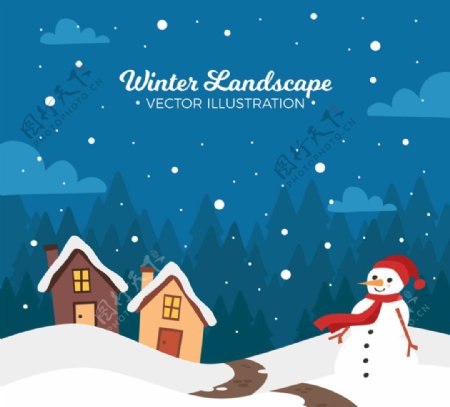 创意冬季房屋和雪人风景