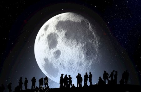 夜晚夜空月亮人群剪影高清图