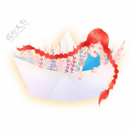 童话风纸船上的女孩插画元素设计