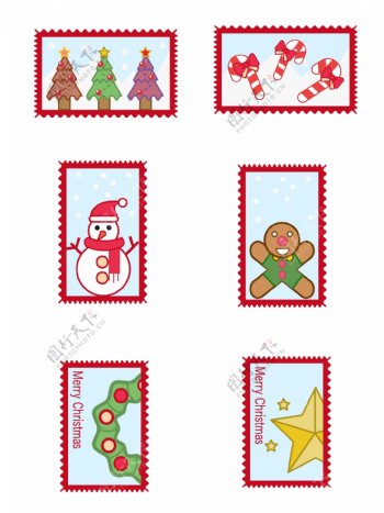 圣诞邮票邮戳小贴纸可爱卡通雪人矢量可商用