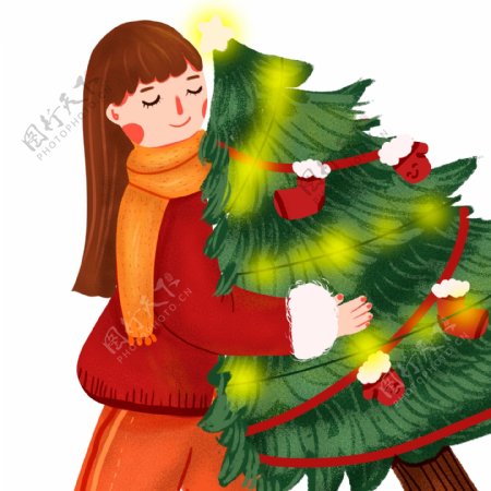 圣诞节抱着圣诞树的女孩