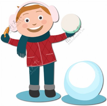 手绘扁平男孩带着耳机玩雪球原创元素