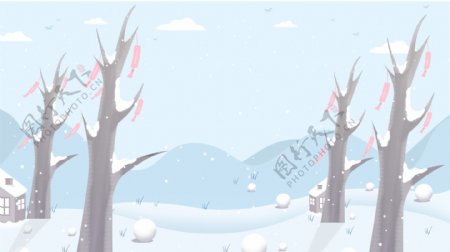清新手绘冬至节气雪地树林背景设计