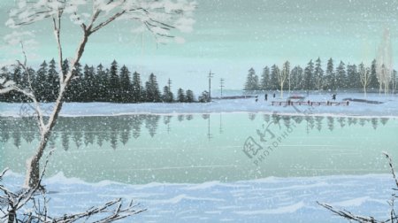 手绘小清新冬季河边雪景背景