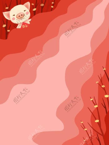 全原创手绘猪年背景新年红色喜庆