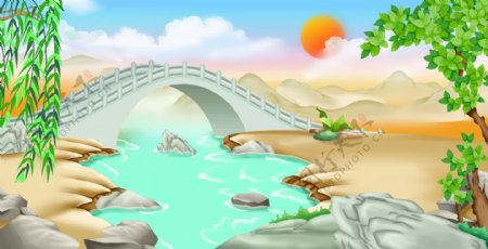 手绘建筑桥河流风景背景素材