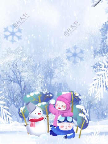 手绘卡通儿童打雪仗大雪节气背景素材