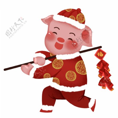 新年扛着鞭炮的猪卡通设计