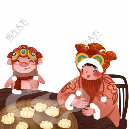 过年吃饺子的小女孩和卡通小猪设计