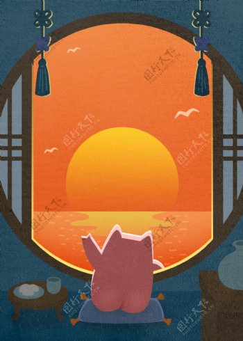 彩绘中国风猪年赏月背景素材