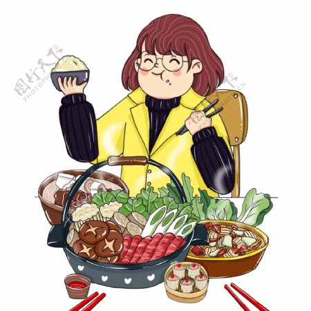 彩绘冬季吃货火锅女孩漫画人物设计