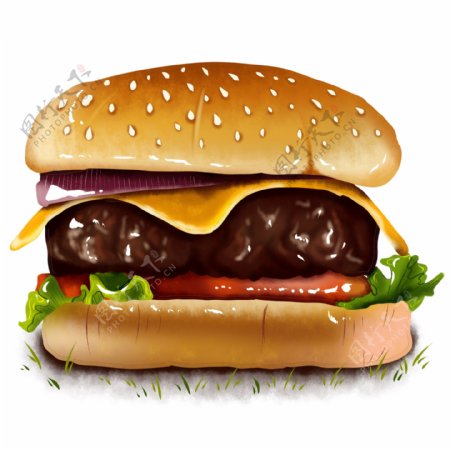 原创手绘快餐汉堡牛肉生菜食物芝士西红柿