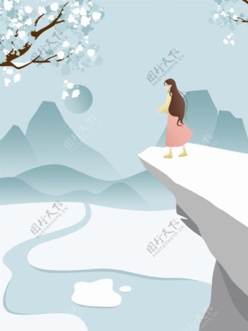 冬季山崖赏雪风景广告背景