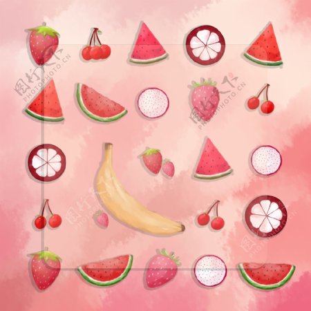 手绘小清新水果香蕉草莓樱桃热带水果背景