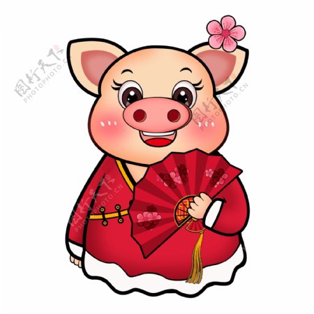 中国风拿着折扇的猪猪女孩