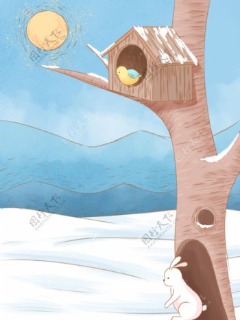 彩绘冬季雪地树干鸟屋背景设计