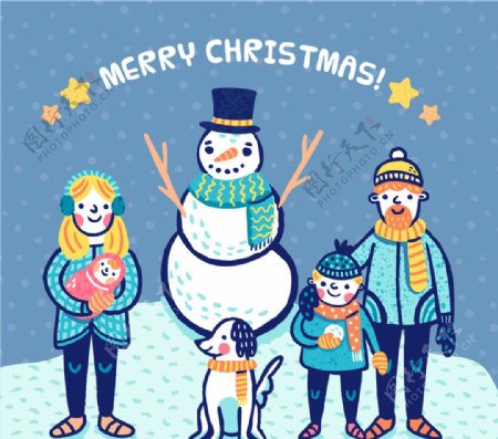 彩绘圣诞节四口之家和雪人