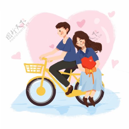 手绘情人节骑自行车插画