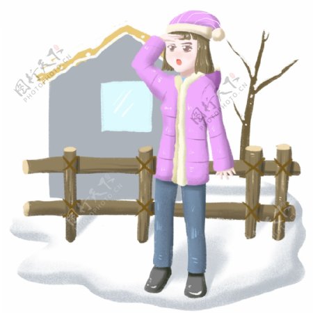 大寒人物和雪景插画