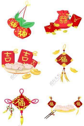 春节福字福袋红包手绘插画