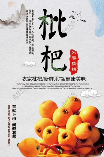 蓝色背景中国风水果枇杷宣传海报