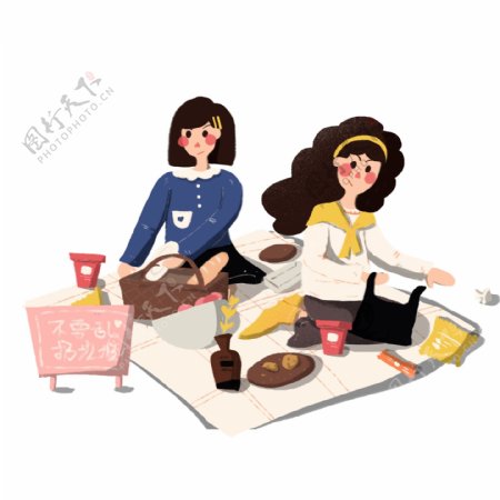 文明野餐的两姐妹卡通设计