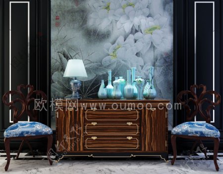新中式玄关柜雕花椅子陶瓷饰品台灯组合