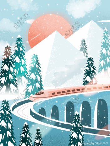 原创冬季远山风景火车唯美插画